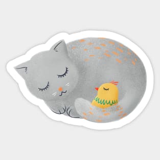 Cat sleeping with small bird - kids illustration Sticker